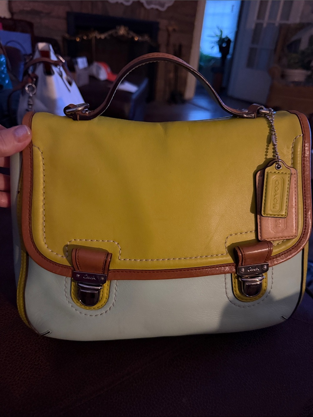 Coach Two-Tone Park Leather Satchel in Yellow and Light Blue w/crossbody strap
